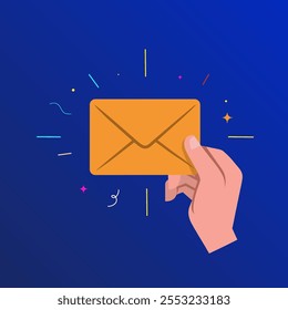 Envelope with letter in hand. Color illustration on a blue background.