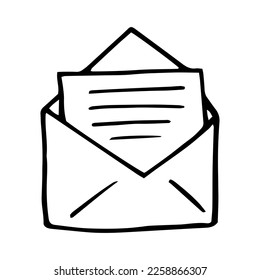 envelope with letter hand drawn in doodle style. simple minimalistic line art. monochrome icon. message, mail.