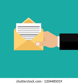 Envelope with a letter in hand. Vector illustration. Flat design for business financial marketing banking advertising web concept cartoon illustration.