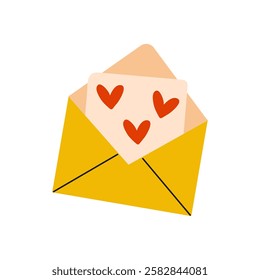 Envelope with letter with hearts, vector illustration on white background. Design for Valentine's Day.