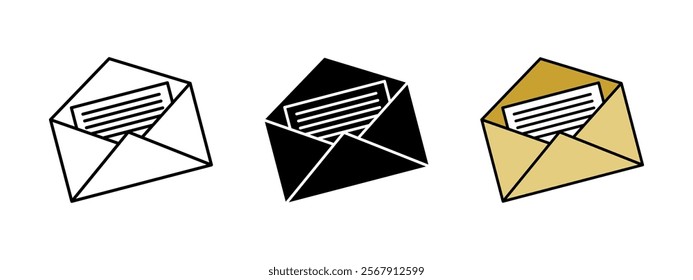 Envelope letter icon. Open mail vector illustration. Post message symbol. Open mailbox sign. Inbox newsletter pictogram. Postal communication concept isolated. Paper bills and correspondence documents