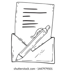Envelope with letter icon. Vector illustration letter in envelope with pen. Hand drawn pen and envelope with a letter.