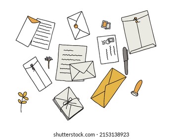 Conjunto de ilustraciones de sobres y letras Persona manuscrita cómica Vector, dibujo de líneas y color
