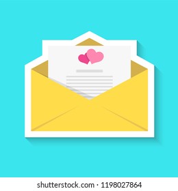 The envelope with the letter isolated on a blue background. Wedding invitation. Realistic sticker. Simple cute design. Icon or logo. Flat style vector illustration.