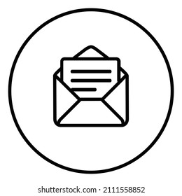 Envelope letter line icon inside circle, message file document, inbox, black outline, line icons.