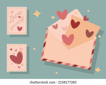 Envelope with a letter. Love message. A set of illustrations of an envelope and stamps. Valentine's Day. Vector graphics.