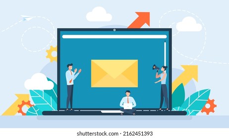 Umschlag, Brief, Post. Menschen, die elektronische Post per Computer benutzen. Spam und SMS schreiben. Schreiben. Zeichen schreiben E-Mail-Briefe per Smartphone, Laptop. Modernes Design im Flachstil. Vektorgrafik