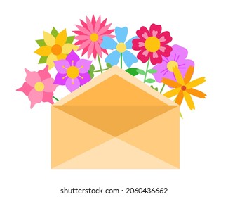 Envelope letter mail with spring and summer flowers flat vector illustration isolated on white background. Hello spring and flower delivery concept. Happy Valentines Day. International Womens Day