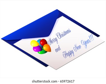 Envelope letter Merry Christmas and Happy New Year greeting card with balloones. Isolated on white, vector