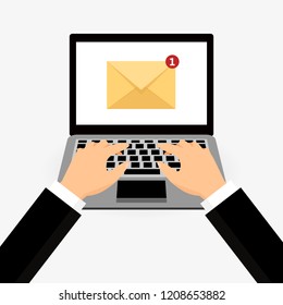 Envelope with a letter on the laptop.  Hands on the keyboard. Vector illustration. Flat design of business financial marketing banking for advertising web concept cartoon illustration.