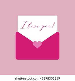 Envelope with letter on pink background. Valentine's Day celebra