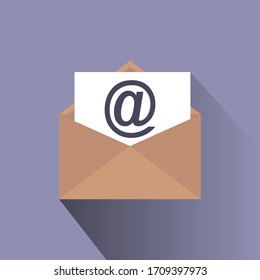 Envelope with a letter on a purple background. Vector illustration. Stock Photo.