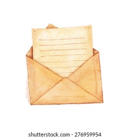 Envelope with a letter, painted in watercolor. Vectorized watercolor illustration. 