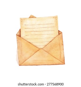 Envelope with a letter,  painted in watercolor. Vectorized watercolor illustration.