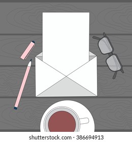 Envelope Letter Paper Copy Space Cup Glasses Top Angle View Vector Illustration