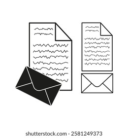 Envelope and letter. Paper document icons. Correspondence vector image. Black and white illustration.