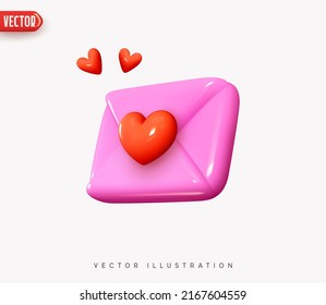 Envelope letter paper with red heart. Mail envelope icon. Send romantic love post messages social media element. Realistic 3d symbol email. Isolated object on gray background. vector illustration