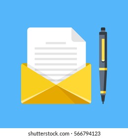 Envelope with letter and pen. Write a letter, e-mail, mail concepts. Premium quality. Modern flat design graphic elements. Vector illustration.