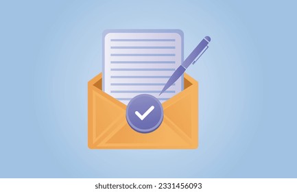 Envelope with letter, pencil and check mark. Mail message, signed deal contract concept.on blue background.Vector Design Illustration.