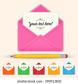 Envelope with a letter and a pencil. Icons for web, applications and desktop. Color design. Vector illustration. 