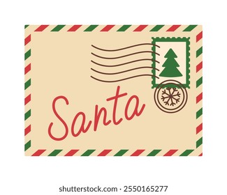 Envelope with letter to Santa Claus. Paper envelope with postage stamp with Christmas tree and seals. Xmas delivery. Vector flat illustration isolated on white background