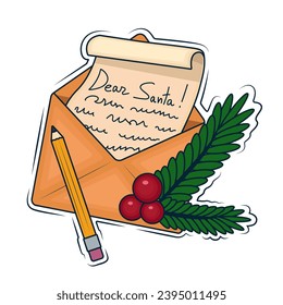 Envelope with letter to Santa Claus and pencil on white backgrou
