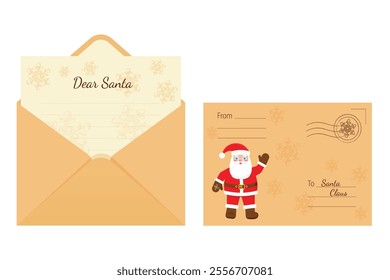 Envelope with a letter for Santa Claus. Vector illustration of envelope, letter with image of Santa, snowflakes.