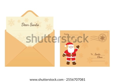 Envelope with a letter for Santa Claus. Vector illustration of envelope, letter with image of Santa, snowflakes.