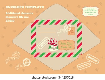 Envelope for letter to Santa with illustration of Santa on the roof