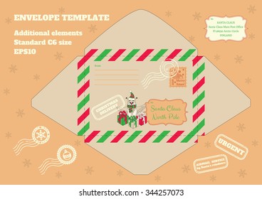 Envelope for letter to Santa with illustration of owl with Christmas gifts