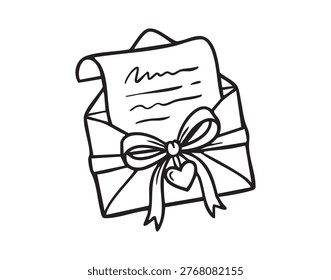 Envelope with letter tied by ribbon, handdrawn envelope containing folded note secured with bow, charming vintageinspired stationery illustration evoking romance and celebration, perfect for greeting,