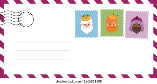 Envelope of letter of the wise men. The three kings of orient, Melchior, Gaspard and Balthazar. Funny vectorized letter. 