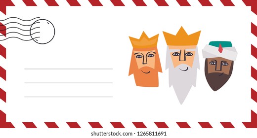 Envelope of letter of the wise men. The three kings of orient, Melchior, Gaspard and Balthazar. Funny vectorized letter. 