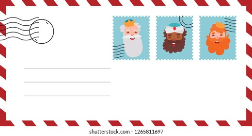 Envelope of letter of the wise men. The three kings of orient, Melchior, Gaspard and Balthazar. Funny vectorized letter. 