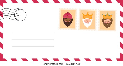 Envelope of letter of the wise men. The three kings of orient, Melchior, Gaspard and Balthazar. Funny vectorized letter. 