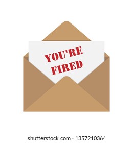 envelope with the letter and the words you're fired, flat design