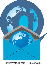 envelope of letters with the earth inside and internet symbol
