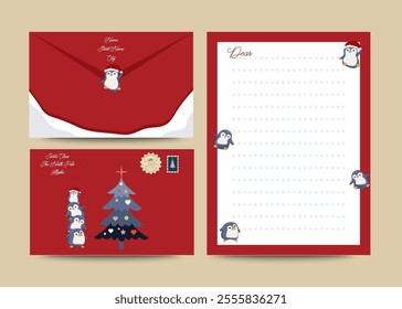 Envelope for letters for Santa Claus. Christmas letter with penguins. Mail for letters for new year and Christmas. Vector illustration