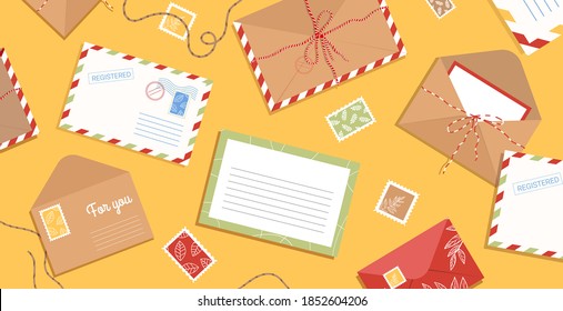 Envelope, letters, stamps and postcards on the table. Workspace with flat style postage elements. Background with greeting cards and blank hand drawn. Vector stock illustration.