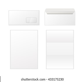 Envelope and letters template isolated on white background. Back and front view.