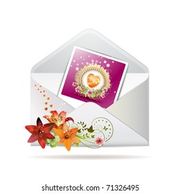 Envelope with lilies and photo with heart for Valentine's day, icon, item isolated on white background