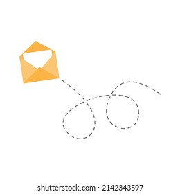 Sobre con una ruta de puntos de línea. Símbolo de correo abierto. Enviando el signo lineal del mensaje. Vector aislado en blanco.