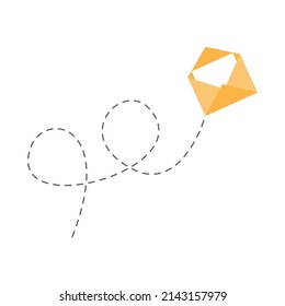 Sobre con una ruta de puntos de línea. Símbolo de correo abierto. Enviando el signo lineal del mensaje. Vector aislado en blanco.