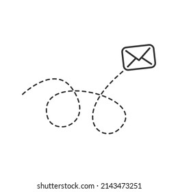 Envelope with line dotted route. Flying mail symbol. Sending message linear sign. Vector isolated on white.