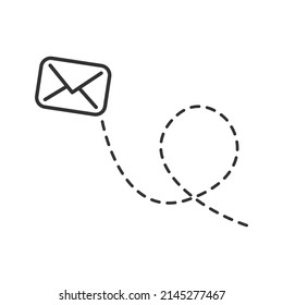 Envelope with line dotted route. Flying mail symbol. Sending message linear sign. Vector isolated on white.