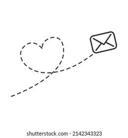Envelope with line dotted route in heart shape. Flying mail symbol. Sending message linear sign. Vector isolated on white.