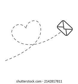 Envelope with line dotted route in heart shape. Flying mail symbol. Sending message linear sign. Vector isolated on white.