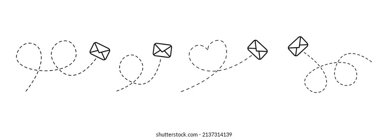 Envelope with line dotted route set. Flying mails group. Sending message linear collection. Vector isolated on white