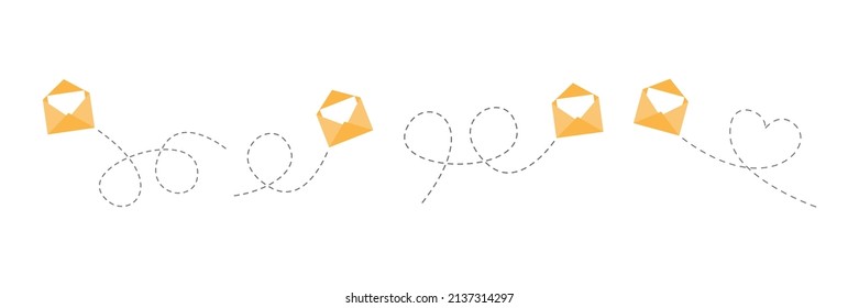 Envelope with line dotted route set. Flying mails group. Sending open message linear collection. Vector isolated on white