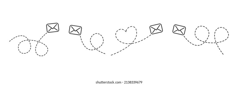 Envelope with line dotted route set. Flying mails group. Sending message linear collection. Vector isolated on white